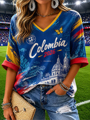 Damen Kolumbien Freizeit T-Shirt mit Waffelstruktur und Aufdruck