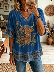 Damen-T-Shirt mit Highland-Kuh-Druck, leger