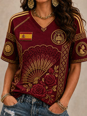 Damen Spanien Fußball-Liebhaber V-Ausschnitt schulterfreies Kurzarm-T-Shirt
