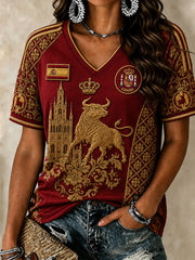 Women's Spain Football Lover V-neck Off-shoulder Short Sleeve T-shirt