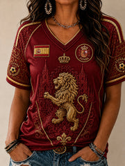 Damen Spanien Fußball-Liebhaber V-Ausschnitt schulterfrei Kurzarm T-Shirt