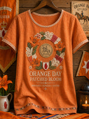 Damen T-Shirt aus Leinen mit floralem Kunstdruck zum Orangemen's Day am 14. Juli