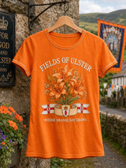Damen T-Shirt mit Blumenkunstdruck zum Orangemen's Day am 14. Juli