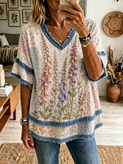 Damenbluse aus Baumwoll-Leinen-Gemisch mit Fingerhut-Blumenmuster