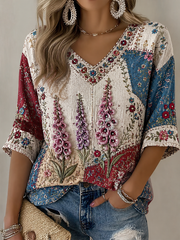Damen T-Shirt mit Fingerhut-Blumenmuster, mittellangen Ärmeln und V-Ausschnitt