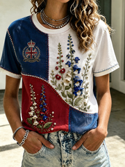 Damen T-Shirt mit Fingerhut-Blumenmuster und kurzen Ärmeln