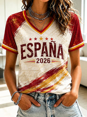 Spanisches Fußball-T-Shirt für Damen mit V-Ausschnitt und Aufdruck