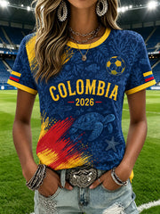 Damen T-Shirt mit lässigem Druckmuster, kurzärmlig, kolumbianischer Fußball