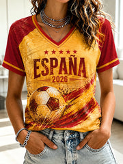 Bedrucktes V-Ausschnitt T-Shirt für Damen: Spanischer Fußball