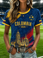 Damen bedrucktes Freizeit-T-Shirt für die kolumbianische Fußball-Weltmeisterschaft 2026, kurzärmlig