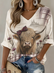 Damen Highland-Kuh-Print V-Ausschnitt T-Shirt mit halblangen Ärmeln
