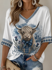 Damen Highland-Kuh-Print V-Ausschnitt T-Shirt mit halblangen Ärmeln