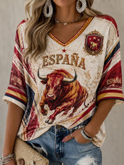 Damen Spanien Fußball Mid-Length Ärmel V-Ausschnitt T-Shirt