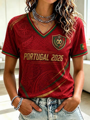 Damen Portugal Fußball bedrucktes V-Ausschnitt T-Shirt