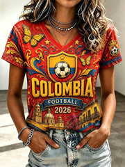 Damen-T-Shirt mit kurzen Ärmeln, lässigem Aufdruck und kolumbianischer Fußball-Aufschrift 2026