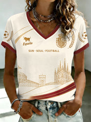 Damen T-Shirt mit V-Ausschnitt und spanischem Fußball-Print