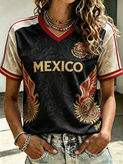 Damen Mexiko Fußball-Liebhaber Blumenkunst bedrucktes T-Shirt