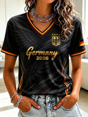 Damen Deutschland Fußball bedrucktes V-Ausschnitt T-Shirt