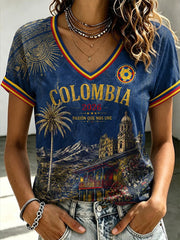 Damen T-Shirt im kolumbianischen Fußball-Stil, leger