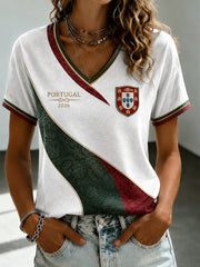 Bedrucktes V-Ausschnitt-T-Shirt für Damen mit portugiesischer Fußball-Optik