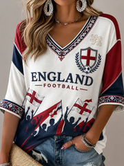 Damen UK Fußball-Liebhaber England bedrucktes, halblanges V-Ausschnitt T-Shirt
