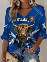 Schottland T-Shirt mit V-Ausschnitt, mittellangen Ärmeln und Print für Damen