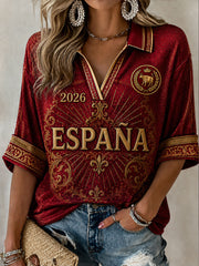 Damen ESPAÑA Fußball T-Shirt mit halblangen Ärmeln und V-Ausschnitt