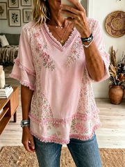 Women's Pink Botanical Floral Print Cotton-Linen Shirt