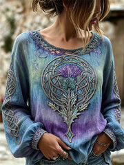 Damen elegantes Baumwoll-Leinen-Hemd mit Distel-Motiv, keltischem Knoten und Farbverlauf