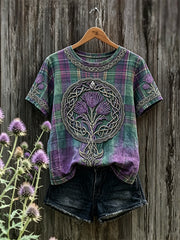 Damen Schottland Distel Wikinger Keltenknoten Tartan-Print Kurzarm-T-Shirt