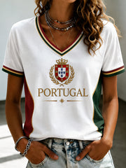 Bedrucktes V-Ausschnitt T-Shirt für Damen – Portugiesische Fußballnationalmannschaft