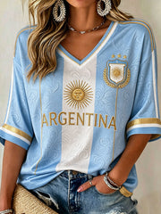 Damen Argentinien Fußball T-Shirt mit mittellangen Ärmeln und V-Ausschnitt