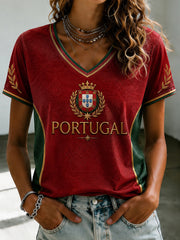 Bedrucktes V-Ausschnitt T-Shirt für Damen – Portugiesischer Fußball
