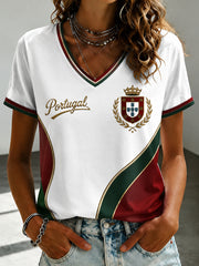 Damen T-Shirt mit V-Ausschnitt, portugiesischer Fußball-Print
