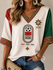 Damen T-Shirt mit Marokko-Print, mittleren Ärmeln und V-Ausschnitt
