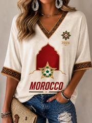 Damen T-Shirt mit Marokko-Print, mittellangen Ärmeln und V-Ausschnitt