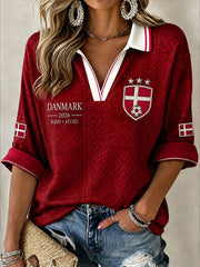 Damen Dänemark Fußball T-Shirt mit halblangen Ärmeln und V-Ausschnitt