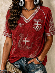 Damen Danmark Fußball V-Ausschnitt T-Shirt