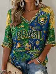 Damen-Geschenk für Fußballfans: Lässiges Halbarm-V-Neck-T-Shirt mit Aufdruck