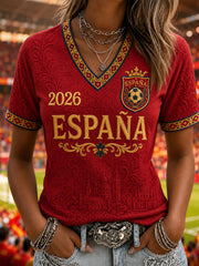 Damen-T-Shirt mit V-Ausschnitt, lässiger Aufdruck für Fußballfans