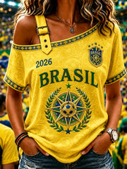 Damen Brasilien Fußball Fan Geschenk schulterfreies Kurzarm-T-Shirt