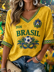 Damen Brasilien Fußballfan Geschenk Mid-length Ärmel V-Ausschnitt T-Shirt