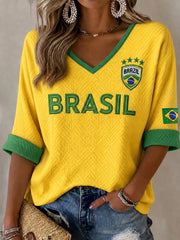 Damen Brasilien Fußball Fan Geschenk Halbarm V-Ausschnitt T-Shirt