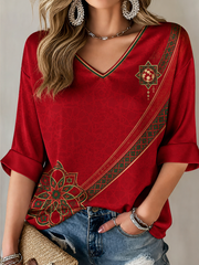 Damen T-Shirt mit Marokko-Print, mittellangen Ärmeln und V-Ausschnitt