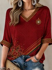 Damen T-Shirt mit Marokko-Print, mittellangen Ärmeln und V-Ausschnitt