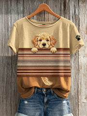 Damen T-Shirt mit kurzem Arm, farblich abgesetztem Druck und hervorlugendem Golden Retriever Motiv