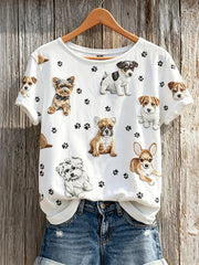 Damen T-Shirt mit Kurzarm, bezauberndem Hunde- und Pfotenmuster