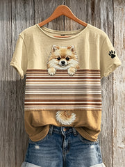 Damen Kurzarm-T-Shirt mit Mops-Motiv und Colorblock-Print