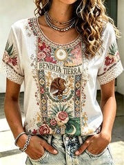 Damen-T-Shirt aus Leinen mit mexikanischem Kunst-Print
