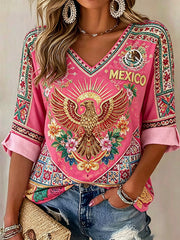 Damen T-Shirt aus Leinen mit Mexiko-Kunstdruck